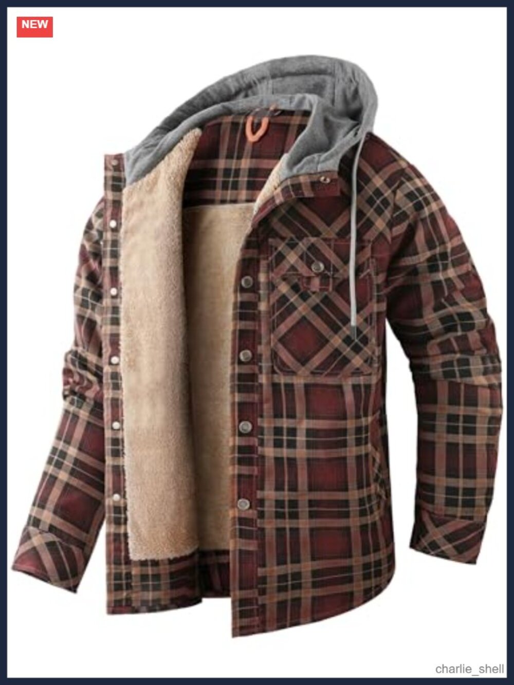 Men's Hooded Plaid Sherpa Lined Fleece Snap Shirt Jacket